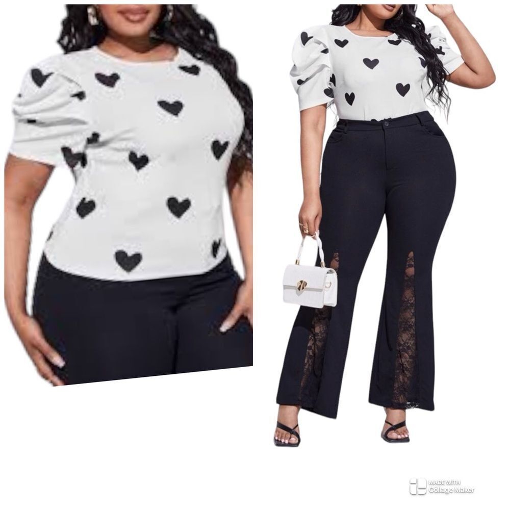 SHEIN Curve Plus Size Heart Print‎ Puff Sleeve Blouse